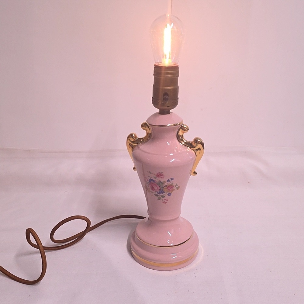 Vintage Ceramic Table Boudoir Lamp Pink Floral Urn Scrolled Handles 11in